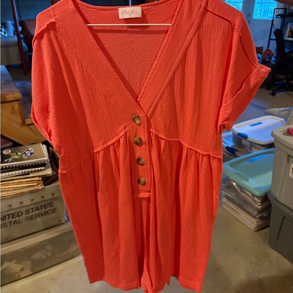 Coral V-Neck Button-Down Dress